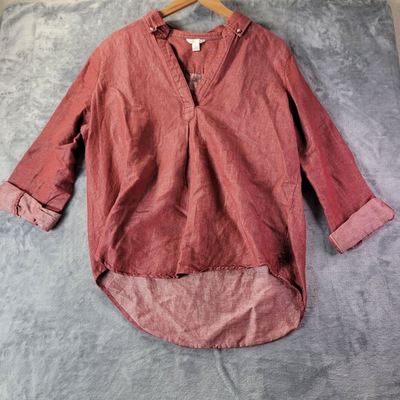 Cato Womens Red Linen Blend Tunic Top L Roll Tab Sleeve Casual Workwear Vibe - Picture 1 of 8